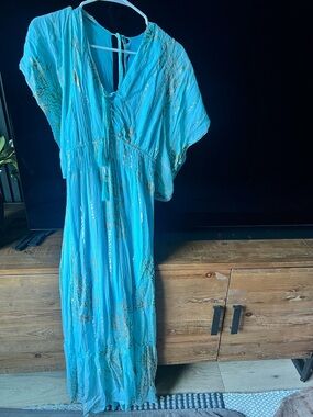 Local European Turquoise Maxi Dress with Gold Accents